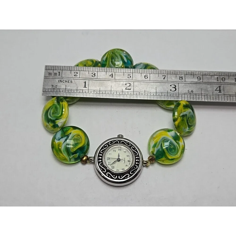 Womens Seiko Movement Lampwork Beaded Watch Bracelet Green Yellow Glass Art